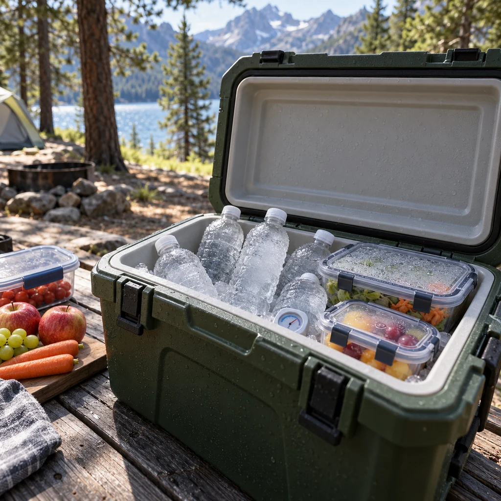 Closed camping cooler with frozen water bottles and sealed food containers