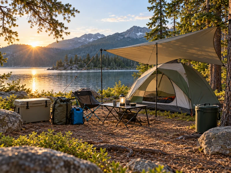 Organized lakeside campsite with tent, tarp, cooler, dry bags and lantern