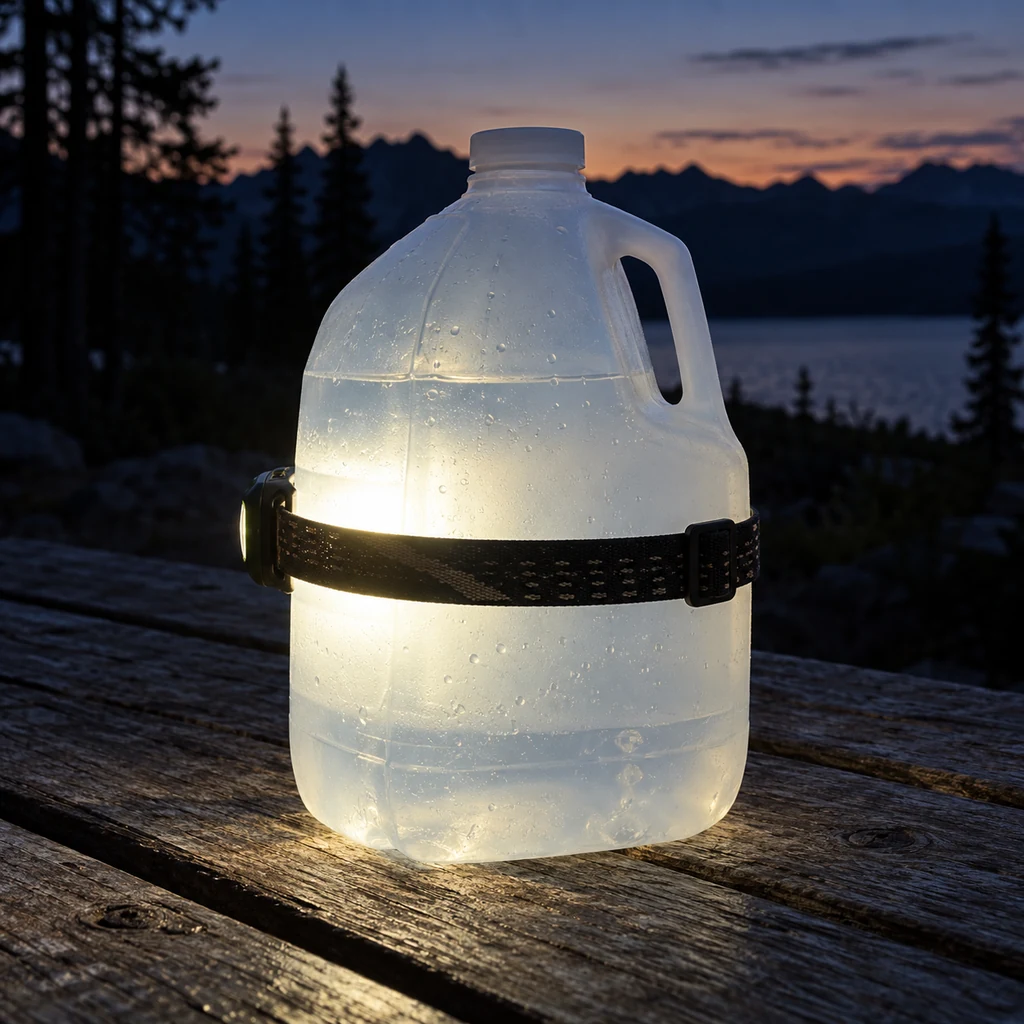 Battery headlamp shining through a translucent water jug on a stable picnic table