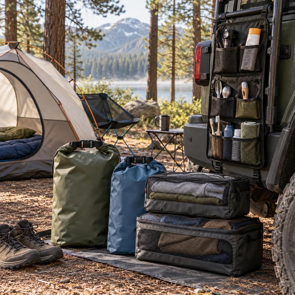 Camping clothes in reusable dry bags beside a hanging organizer with small gear