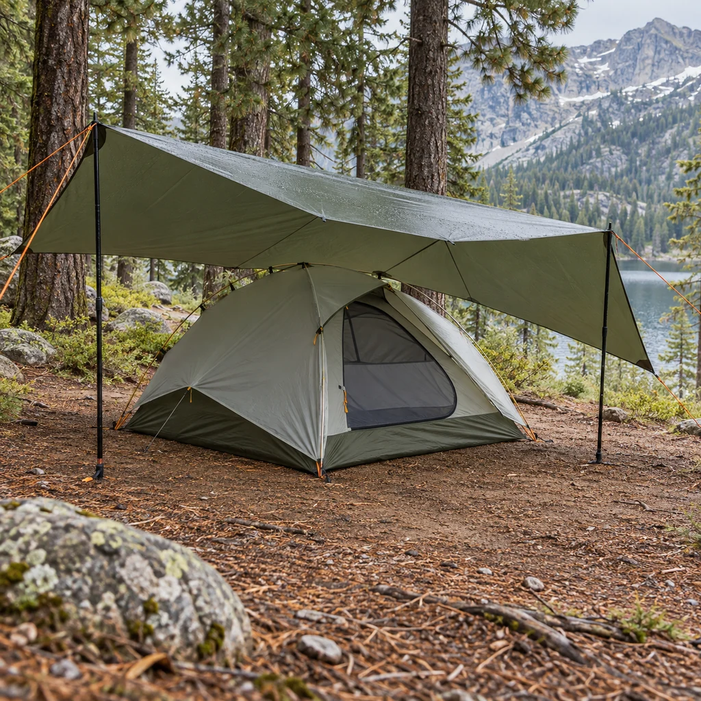 Tent pitched over a tucked-in footprint with a separate taut rain tarp