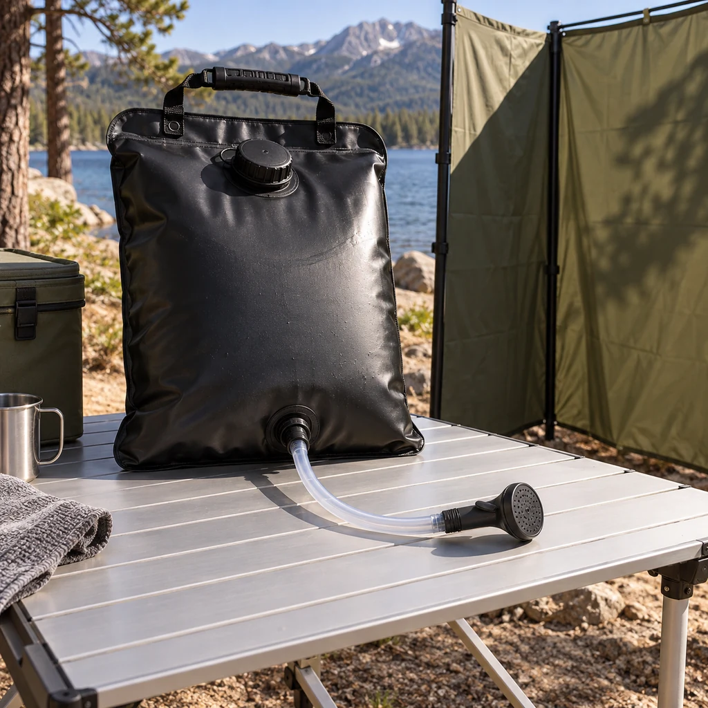 Purpose-made solar camp shower bag resting in sunlight beside a privacy screen
