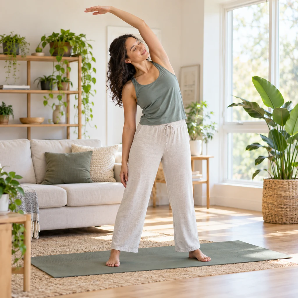 Woman performing a gentle standing side stretch in a bright living room