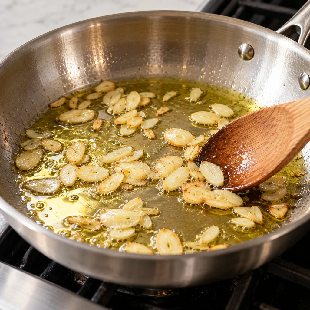 Thin garlic slices turning pale golden in olive oil in a stainless-steel skillet