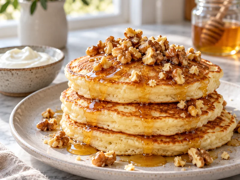 Finished Greek yogurt pancakes topped with honey and walnuts