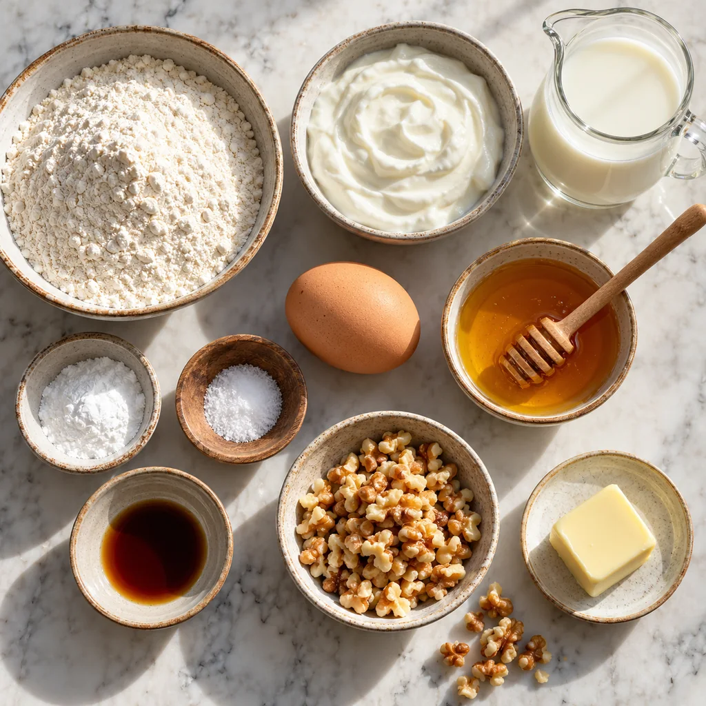 Flour, Greek yogurt, milk, egg, honey, leaveners, vanilla, walnuts and butter arranged for pancakes