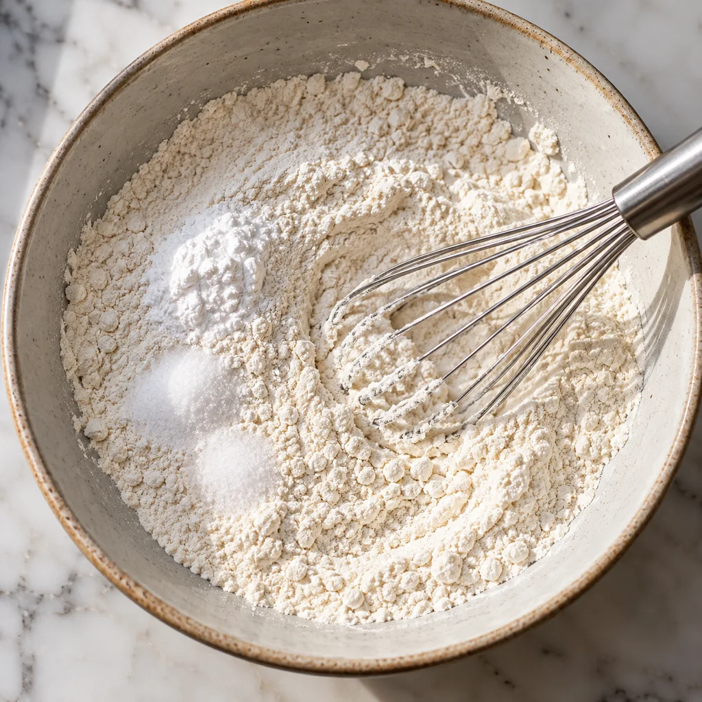 Flour and pancake leaveners being mixed in a bowl before wet ingredients are added