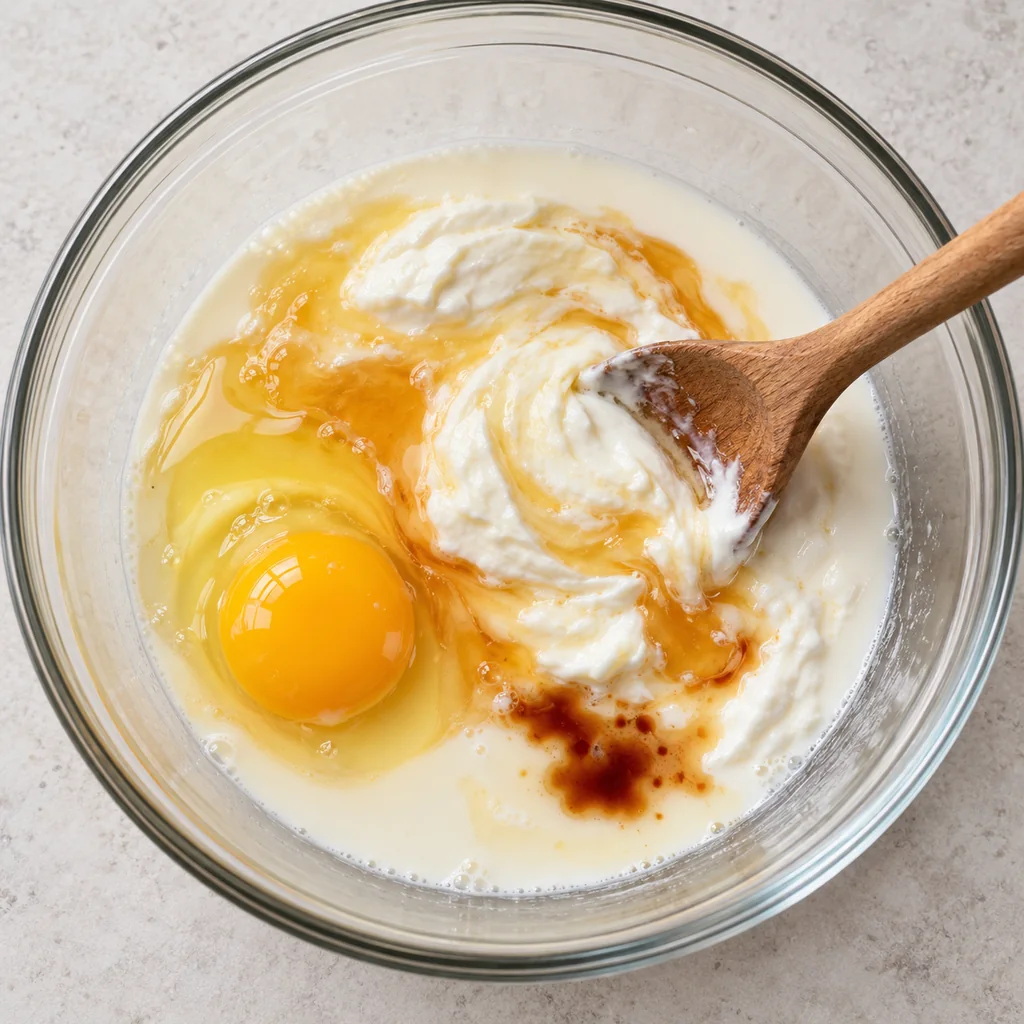 Greek yogurt, milk, egg, honey and vanilla in a single mixing bowl