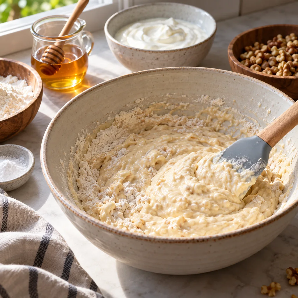 Thick Greek yogurt pancake batter being gently folded in a mixing bowl