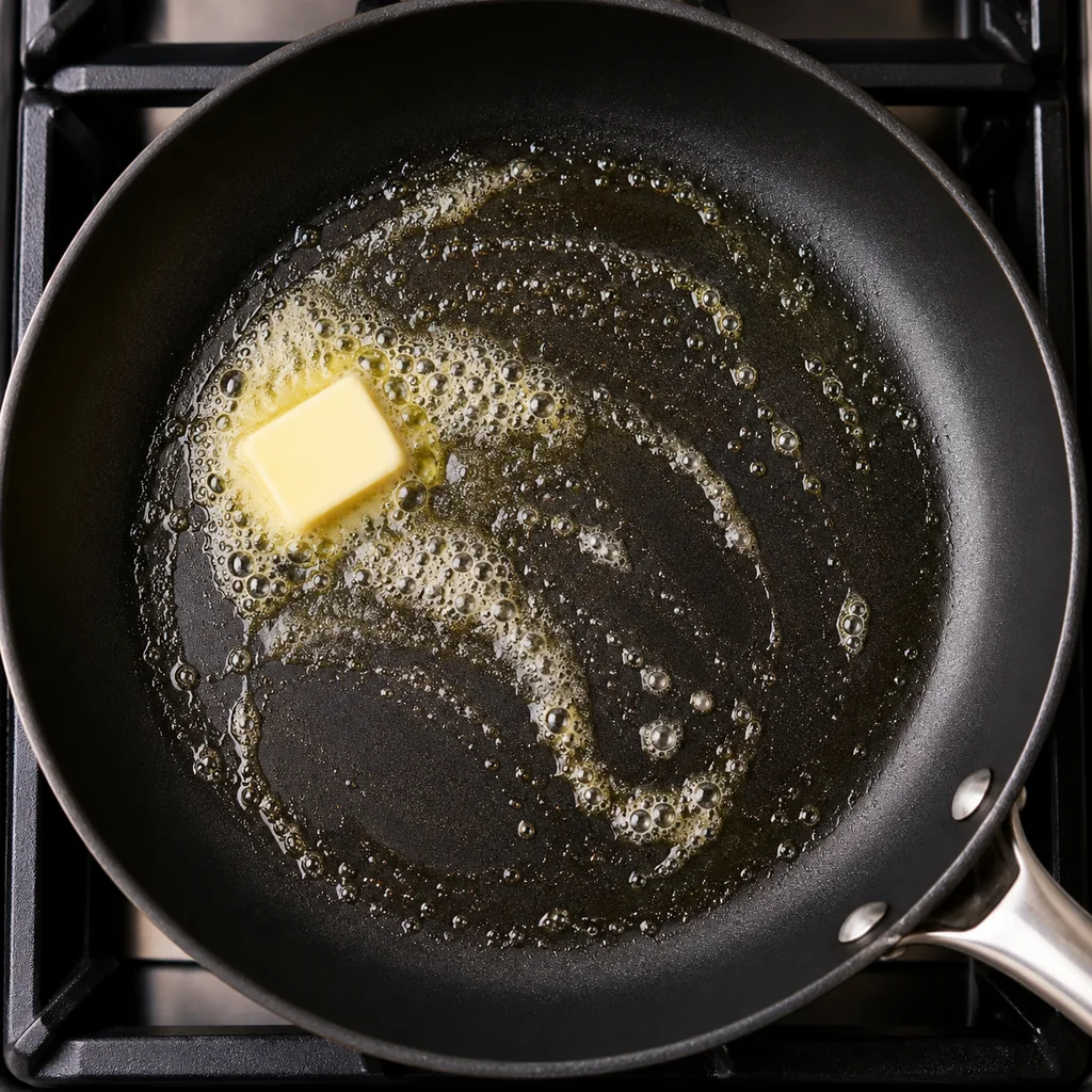 Empty nonstick skillet warming with a little melting butter before pancake batter is poured