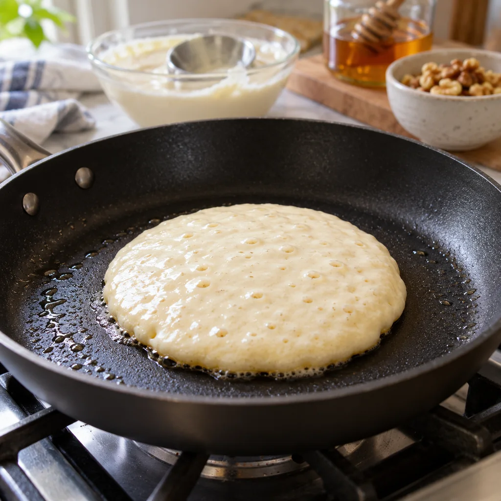 Unflipped pancake batter in a skillet with bubbles forming and edges beginning to set