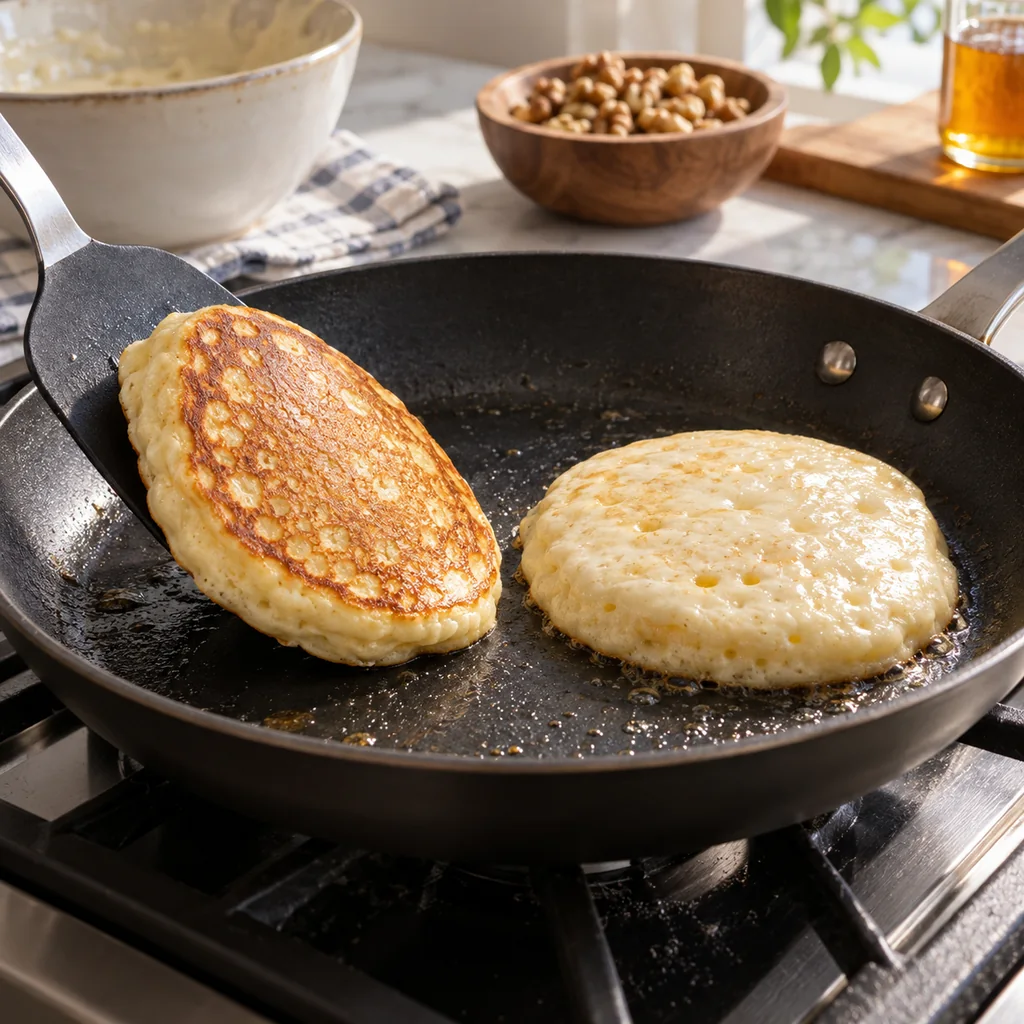 Golden pancake being turned with a spatula in a skillet to finish its second side