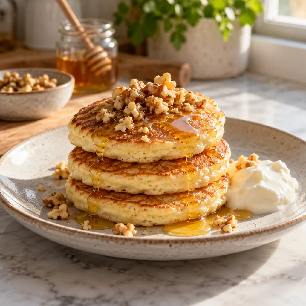 Stack of cooked Greek yogurt pancakes topped with chopped walnuts and a drizzle of honey