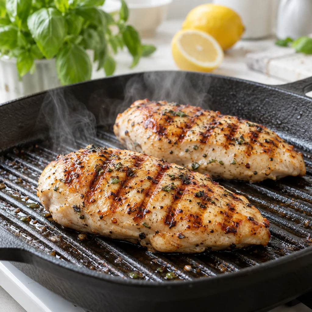Seasoned chicken breasts cooking in a ridged grill pan with golden grill marks