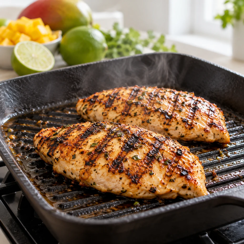 Seasoned chicken breasts cooking in a ridged grill pan with golden marks