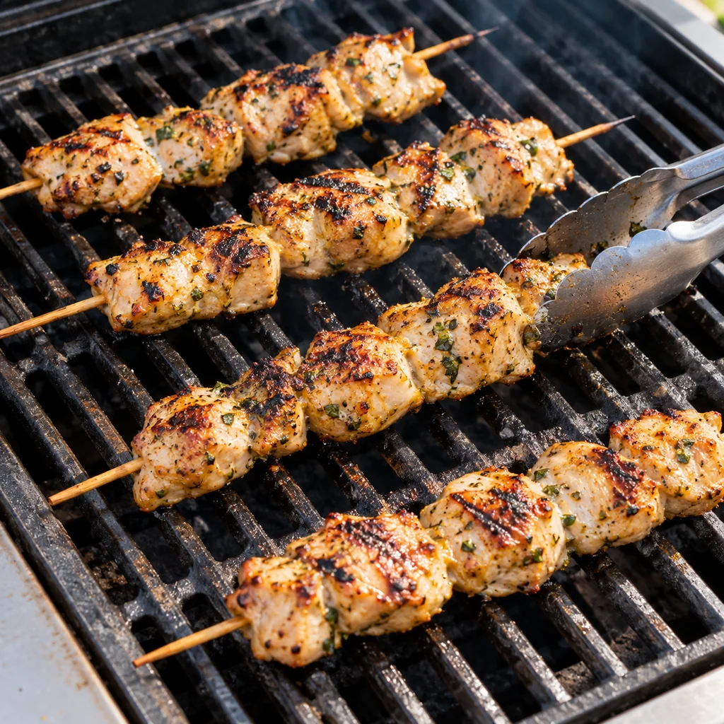 Lemon herb chicken skewers cooking on grill grates and being turned with tongs