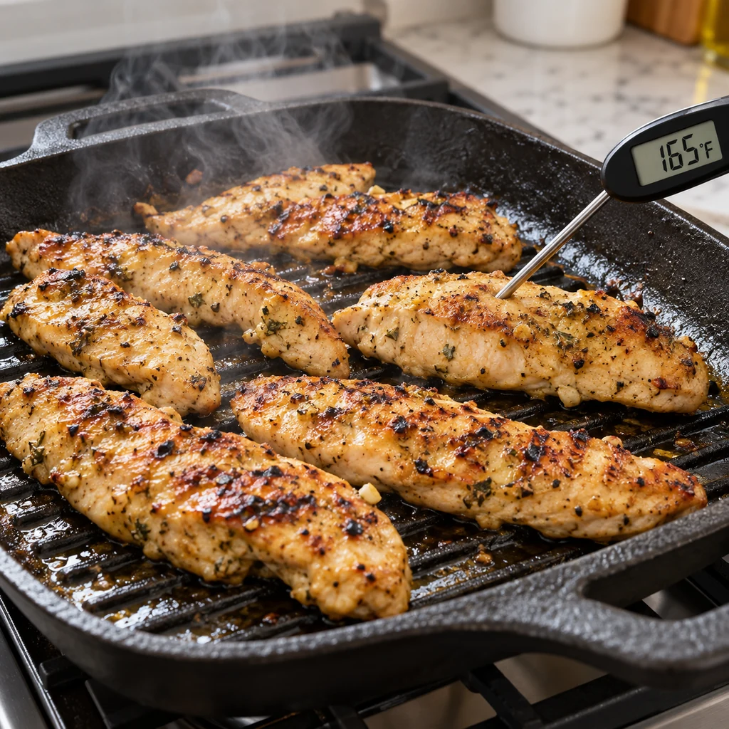 Lemon garlic chicken cooking on a ridged grill pan with a thermometer reading 165 degrees Fahrenheit
