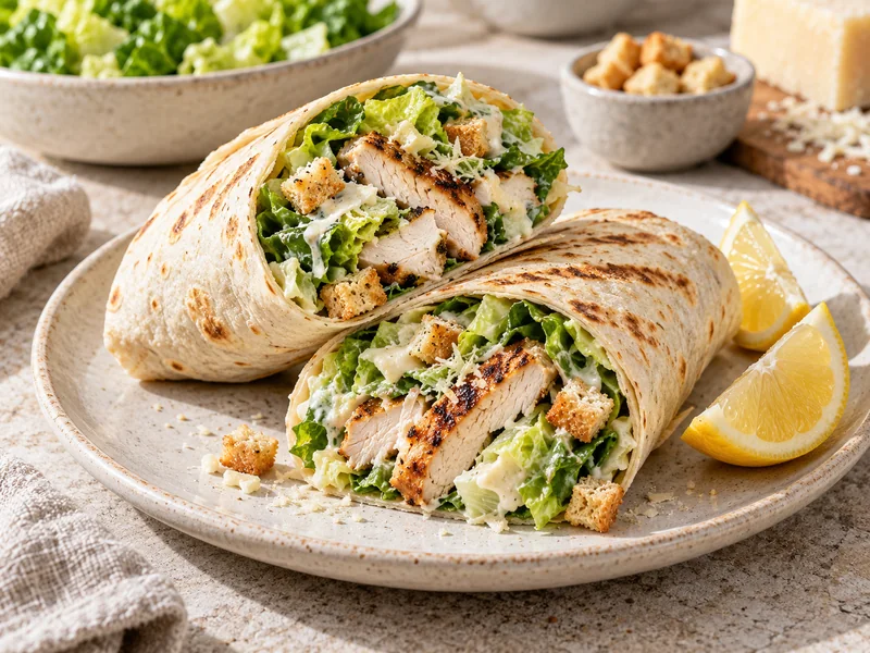 Grilled chicken Caesar wrap halves with romaine, dressing, Parmesan and lemon wedges