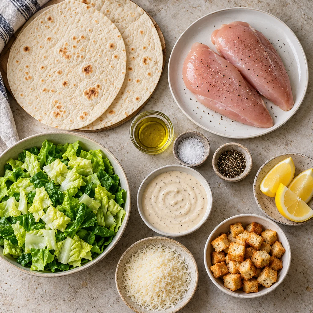 Flour tortillas, raw chicken breasts, olive oil, romaine, Caesar dressing, Parmesan, croutons, lemon, salt and pepper