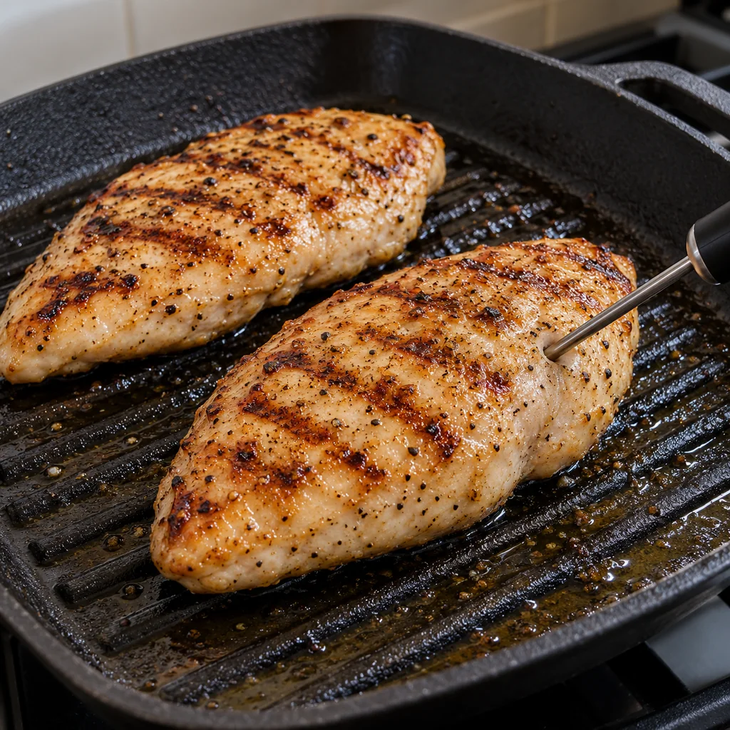 Two chicken breasts grilling in a ridged pan with a thermometer checking doneness