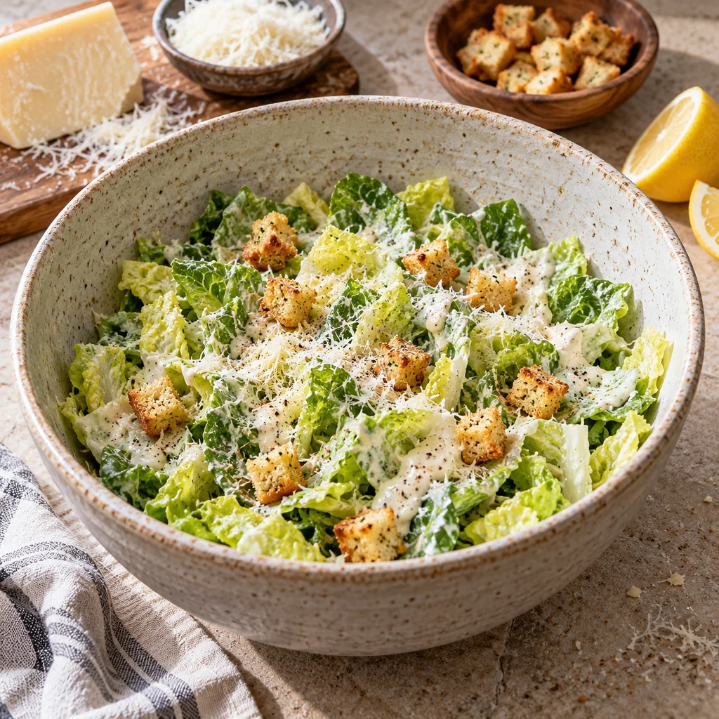 Chopped romaine tossed with Caesar dressing, grated Parmesan and croutons