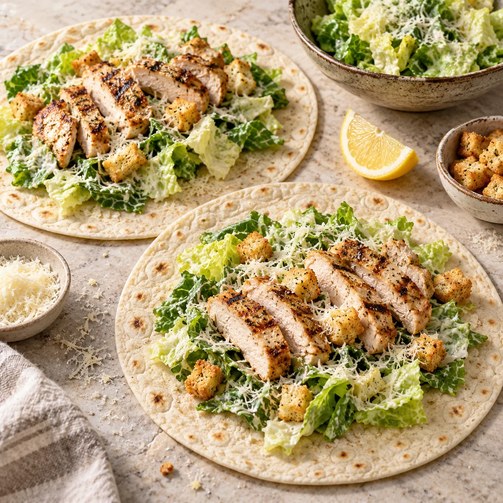 Two open tortillas topped with dressed romaine, Parmesan, croutons and sliced grilled chicken
