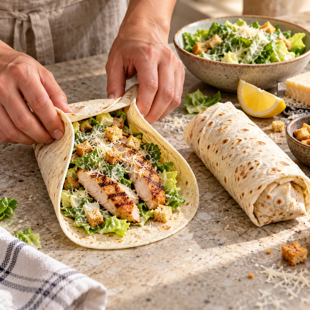 Chicken Caesar filling enclosed as the sides of a flour tortilla are folded and rolled