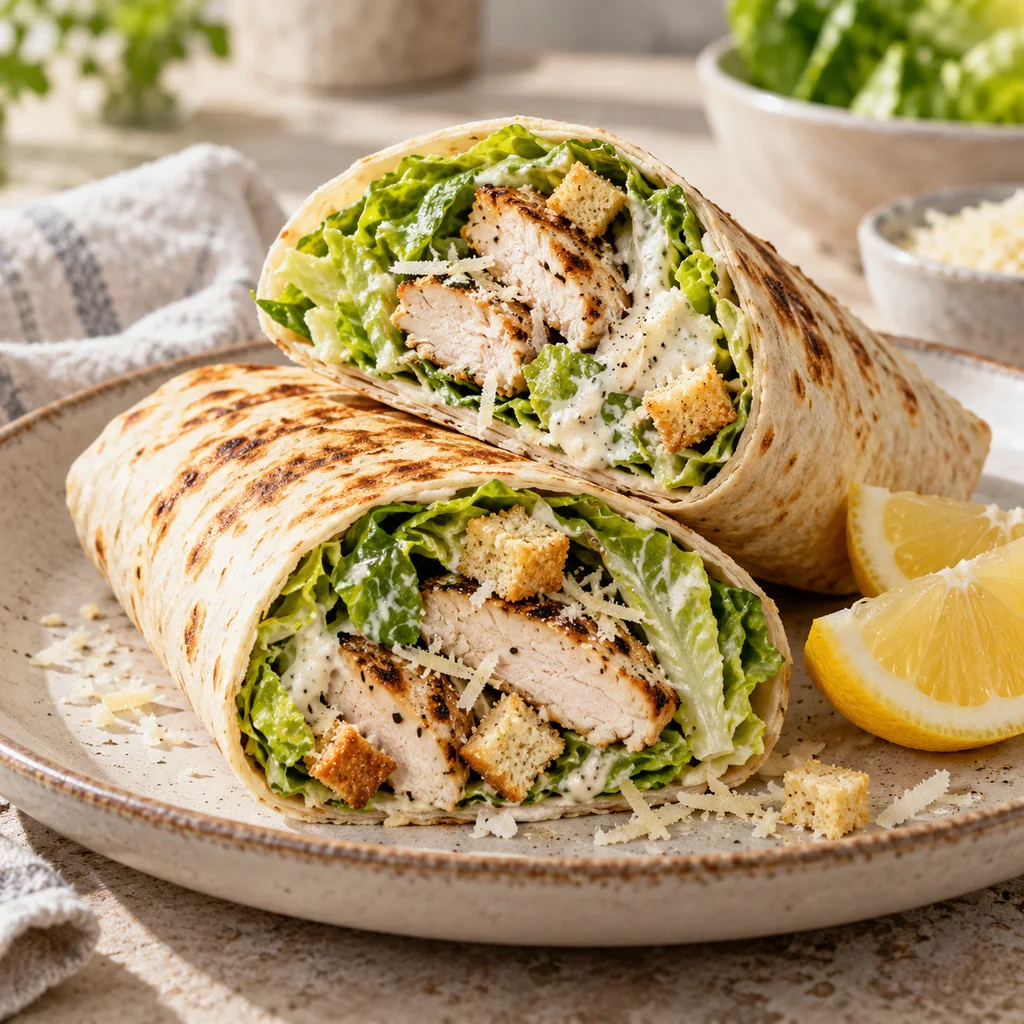Cut grilled chicken Caesar wraps with romaine, Parmesan and lemon wedges on a plate