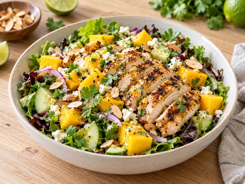 Grilled chicken and mango salad with greens, cucumber, feta, almonds and lime