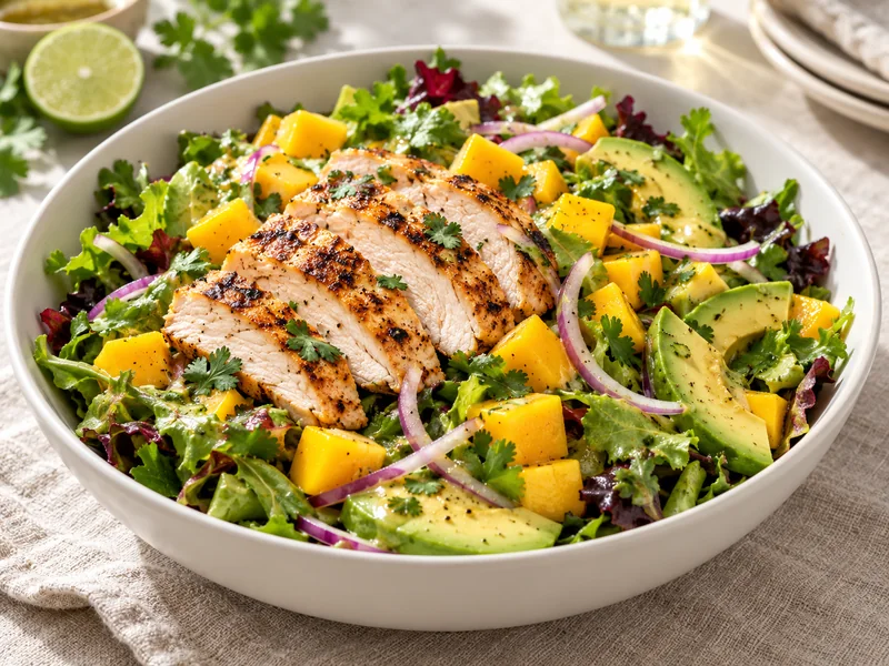 Finished grilled chicken salad with avocado mango greens and lime dressing