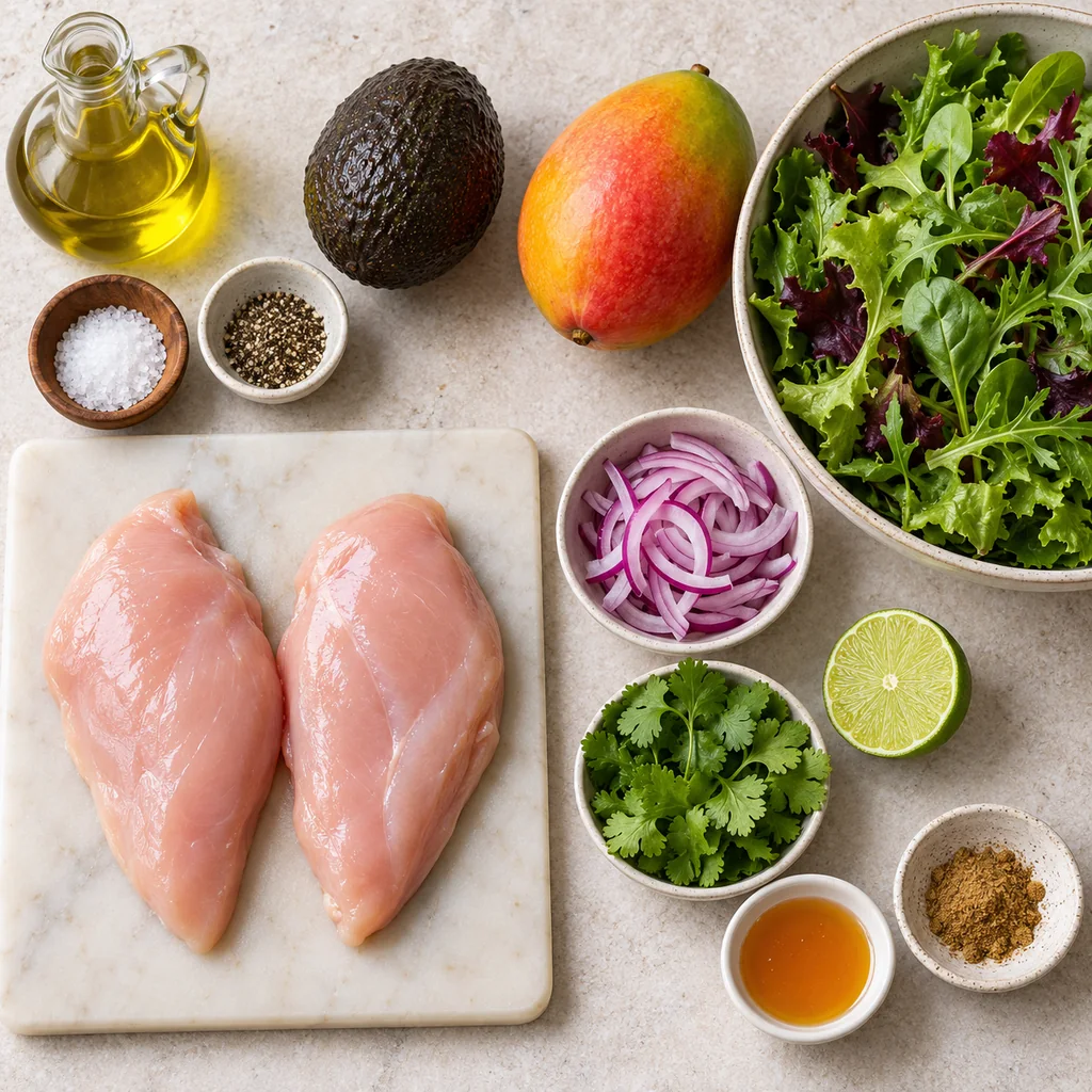 Chicken breasts, avocado, mango, salad greens, red onion, cilantro, lime and dressing ingredients arranged separately