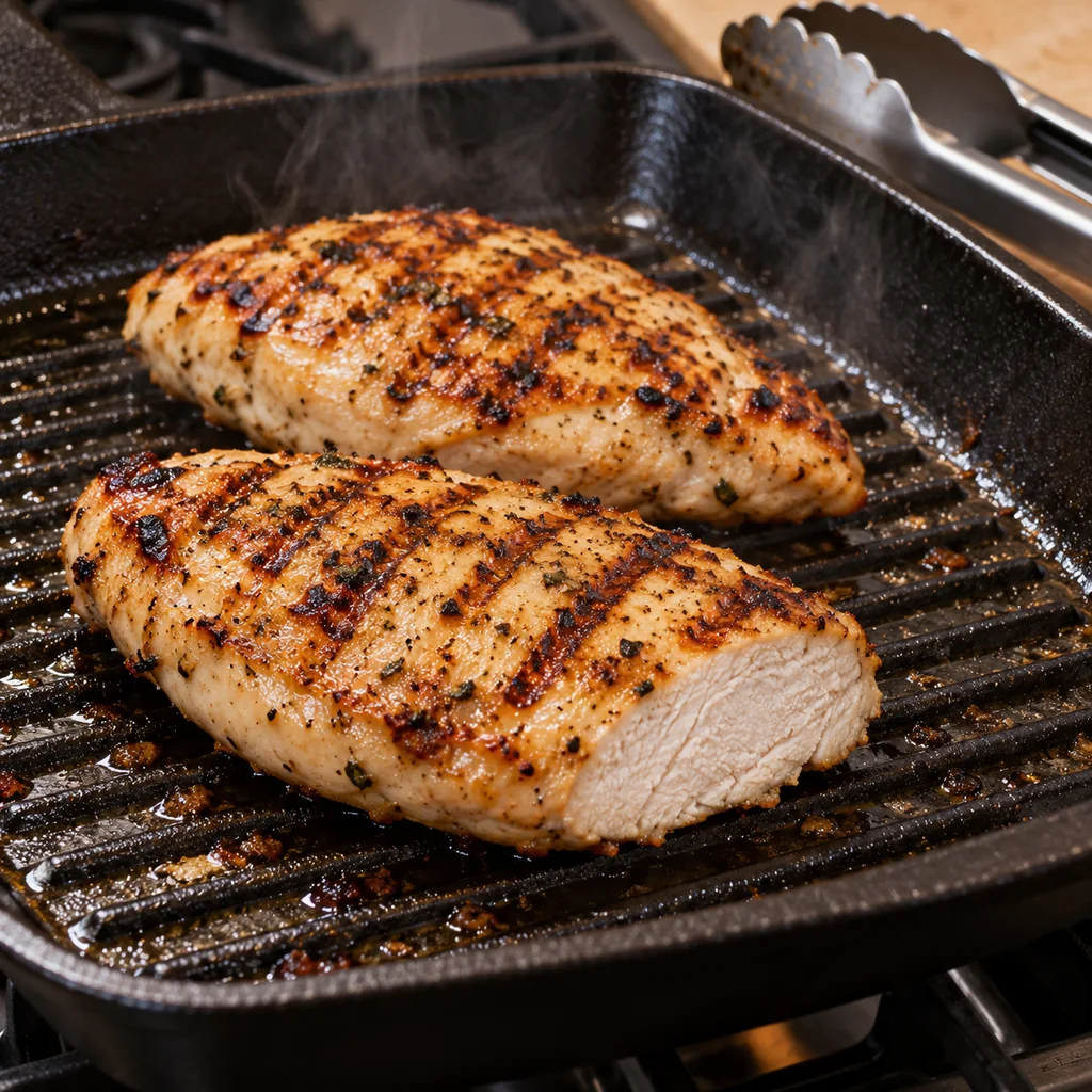 Seasoned chicken breasts cooking on a ridged grill pan with golden sear marks