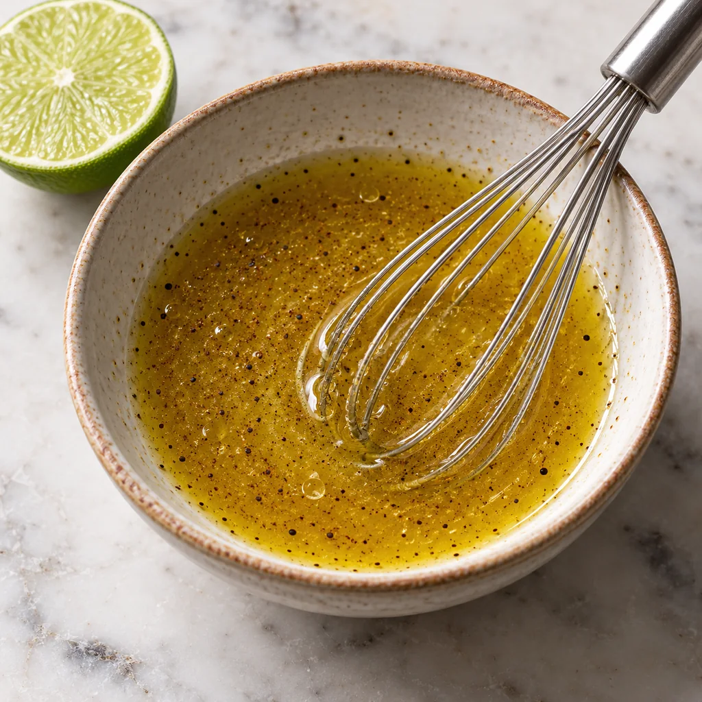 Olive oil, lime juice, honey and cumin being whisked into dressing in a small bowl