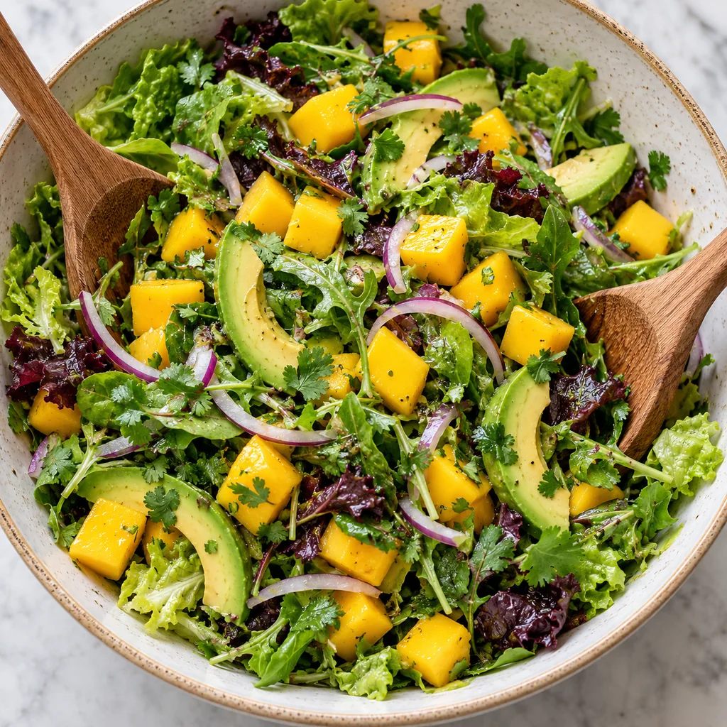 Mixed greens, avocado, mango, red onion and cilantro being gently tossed before chicken is added