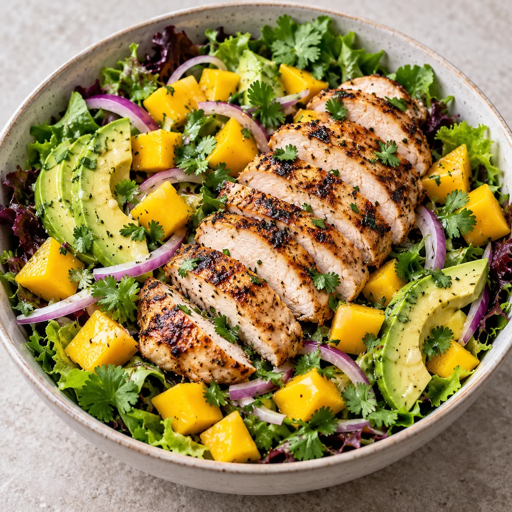 Salad bowl topped with sliced fully cooked grilled chicken over avocado, mango and greens