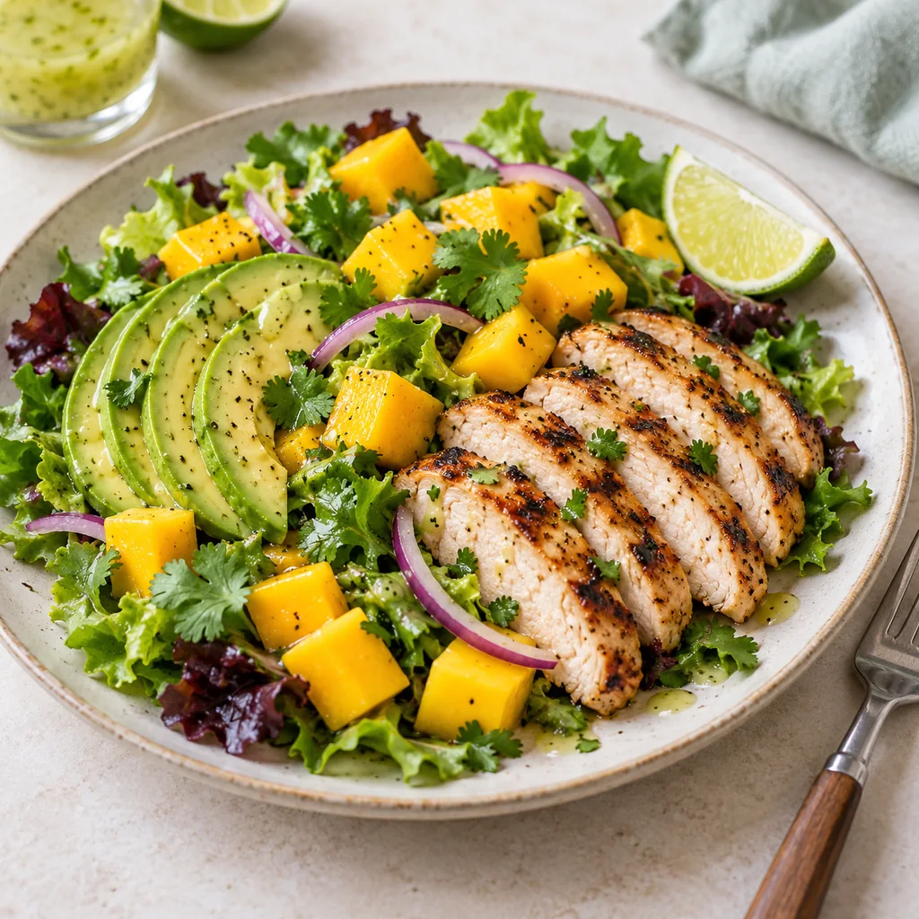 Individual serving of grilled chicken salad with avocado, mango, greens and lime dressing