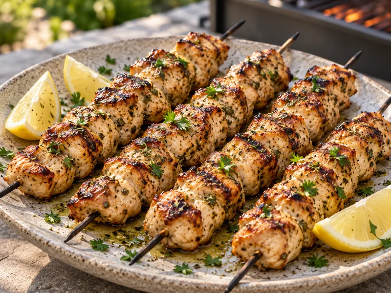 Grilled lemon herb chicken skewers with lemon wedges and fresh herbs