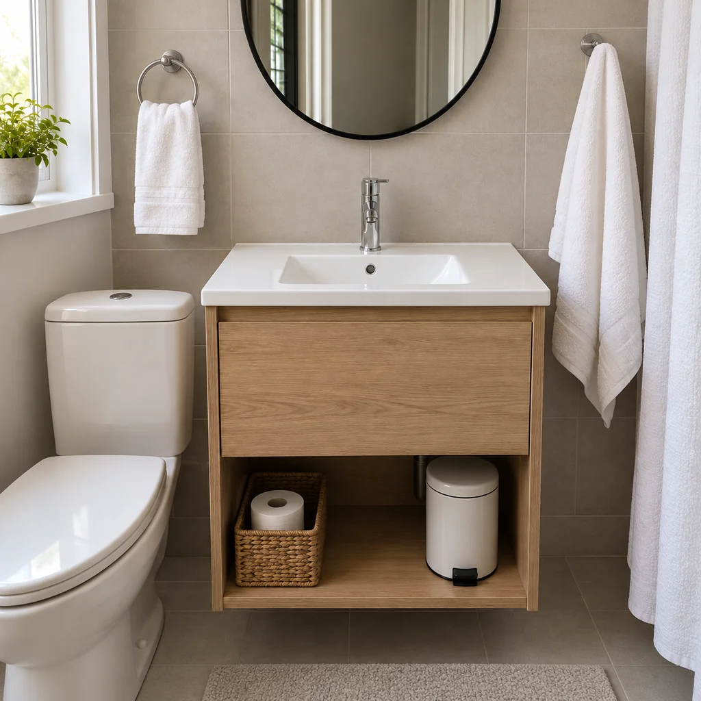 Clean small bathroom sink with an open counter and no guest products yet