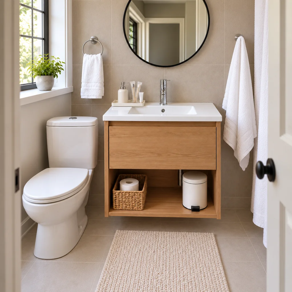 Finished small guest bathroom viewed from the doorway with clear counter space and visible essentials