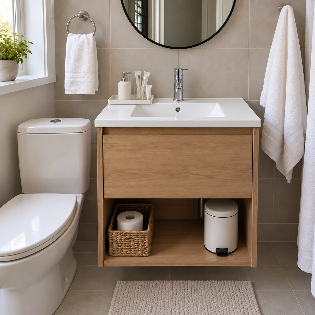 Small guest bathroom tray holding hand soap and spare toothbrushes beside an unobstructed sink