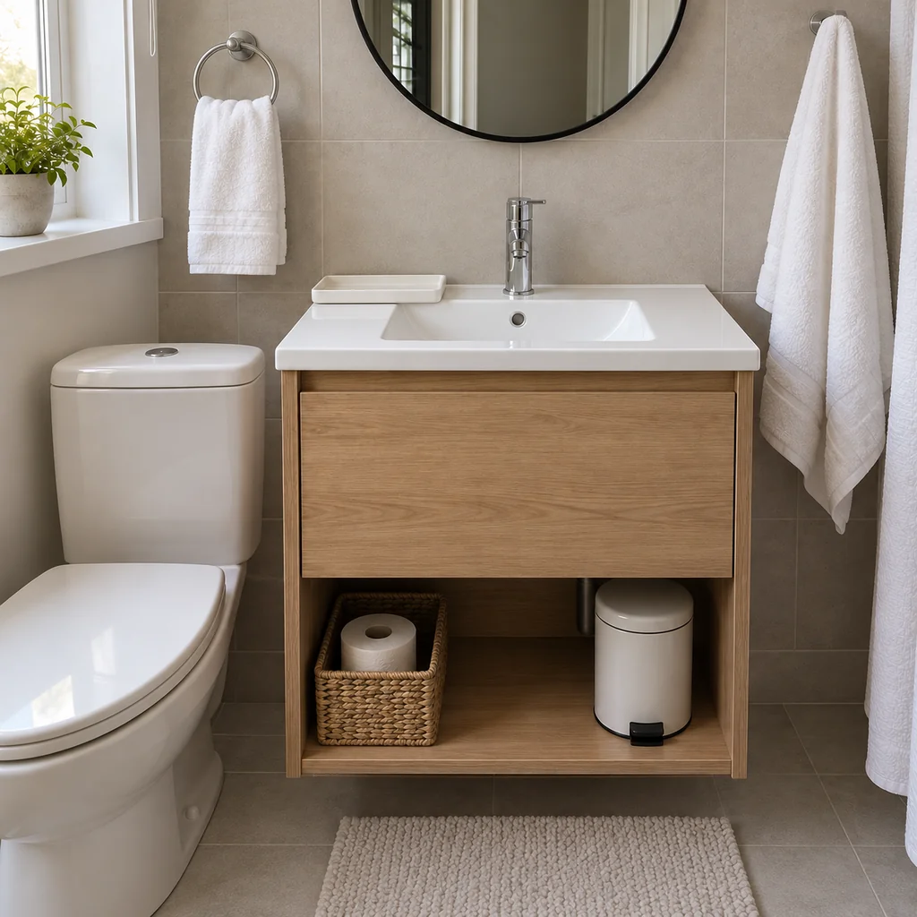Slim empty white tray fitted on the left side of a compact bathroom sink