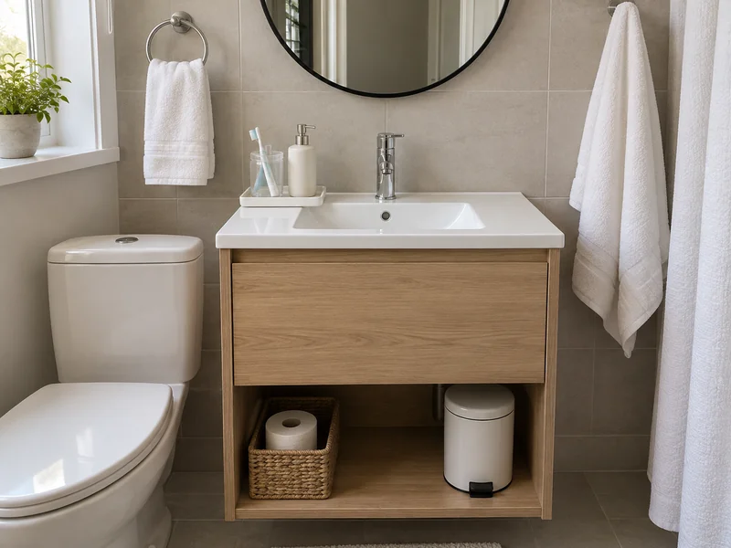 Small guest bathroom with a slim essentials tray, clean towels, spare toilet paper, and open counter space
