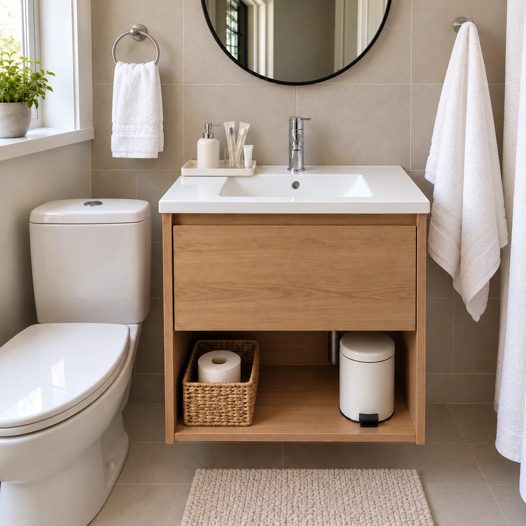 Fresh guest towels, spare toilet paper, and covered waste bin in a compact bathroom