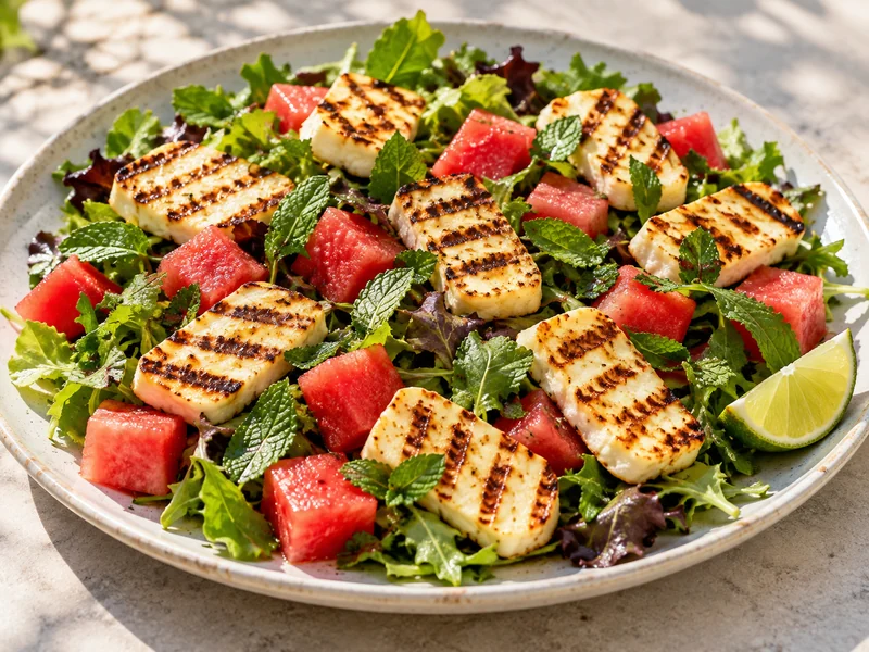 Grilled halloumi slices with watermelon, mixed greens and mint on a summer salad platter