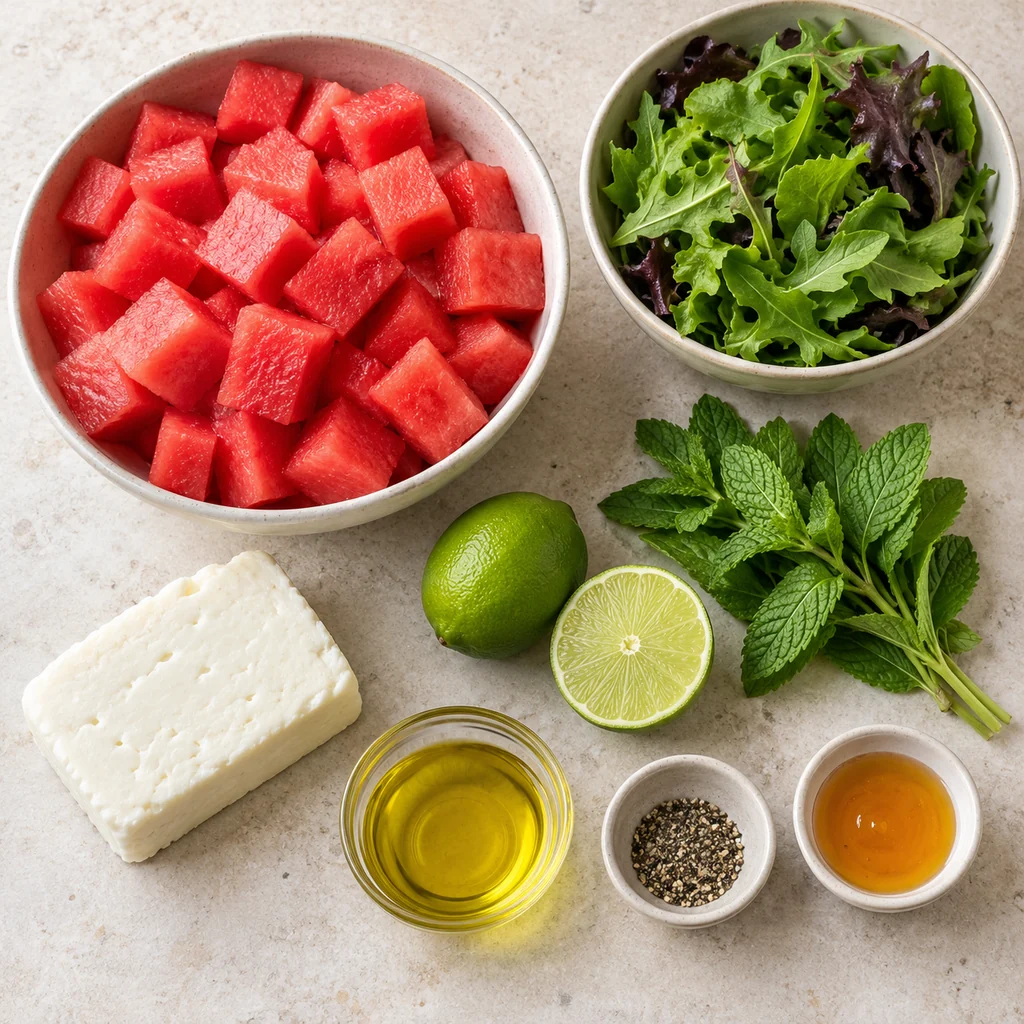 Halloumi, watermelon cubes, mixed greens, mint, limes, olive oil, honey and pepper arranged separately
