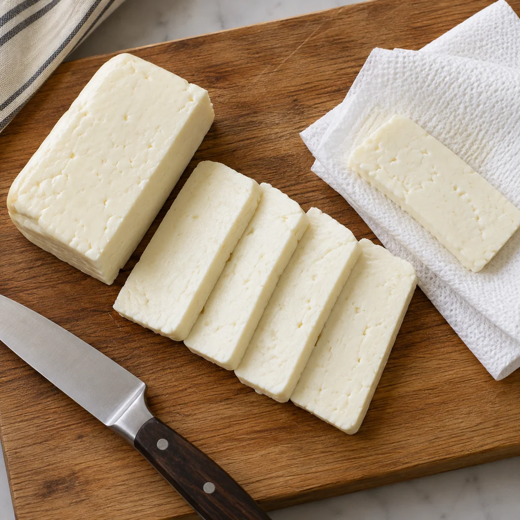 Uncooked halloumi sliced into thick slabs and dried on a cutting board