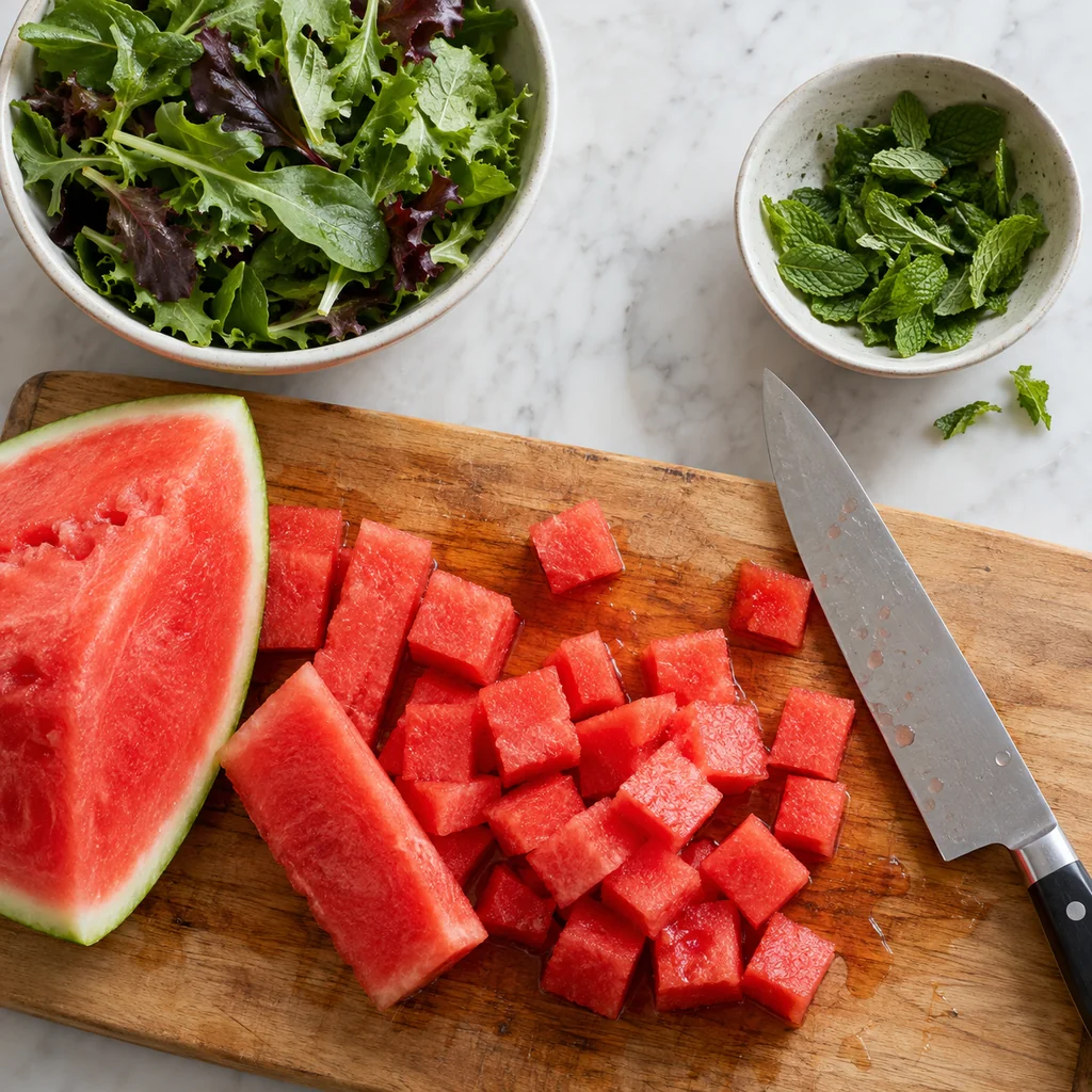 Watermelon cut into cubes beside washed mixed greens and torn mint leaves
