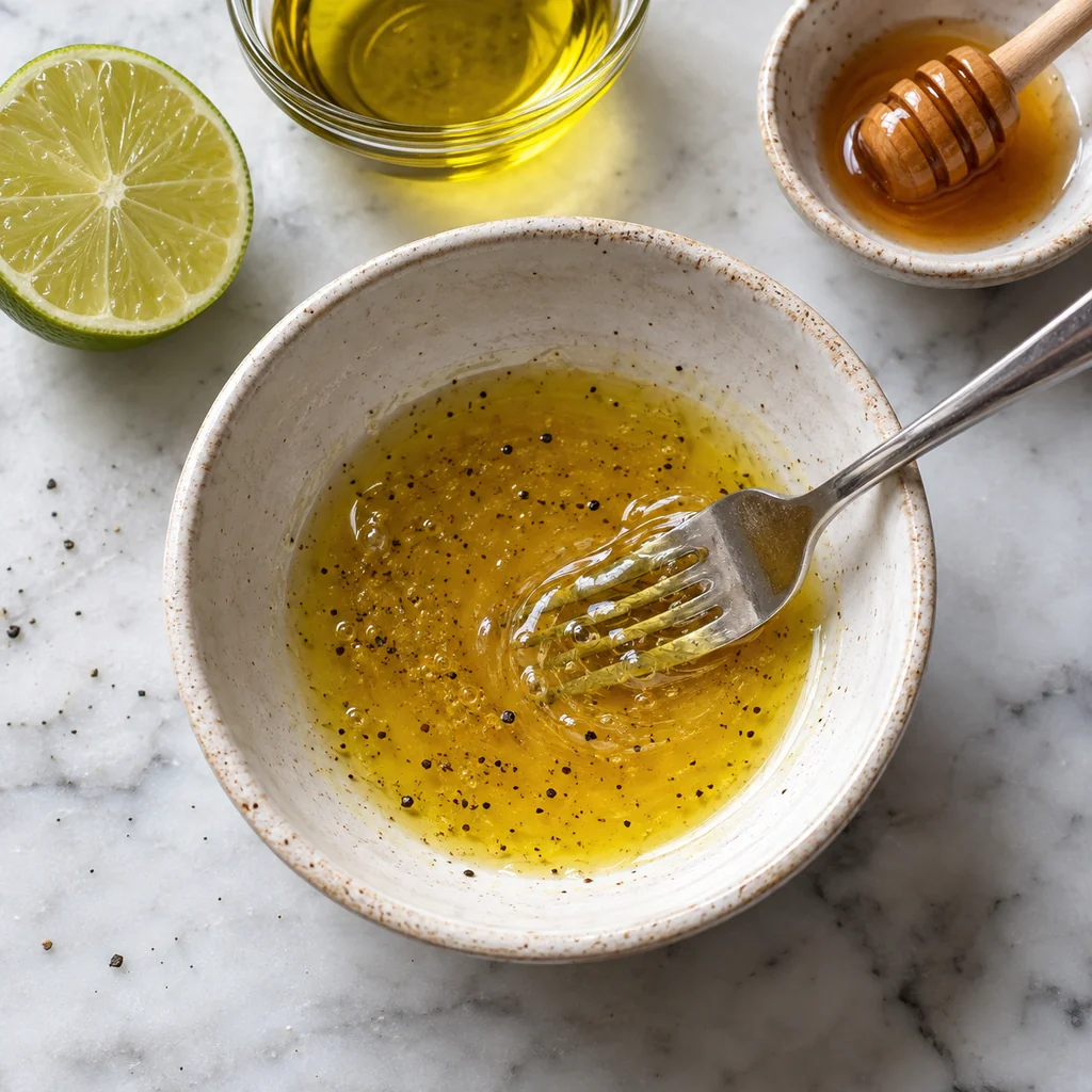Lime juice, olive oil, honey and black pepper being mixed in a small bowl