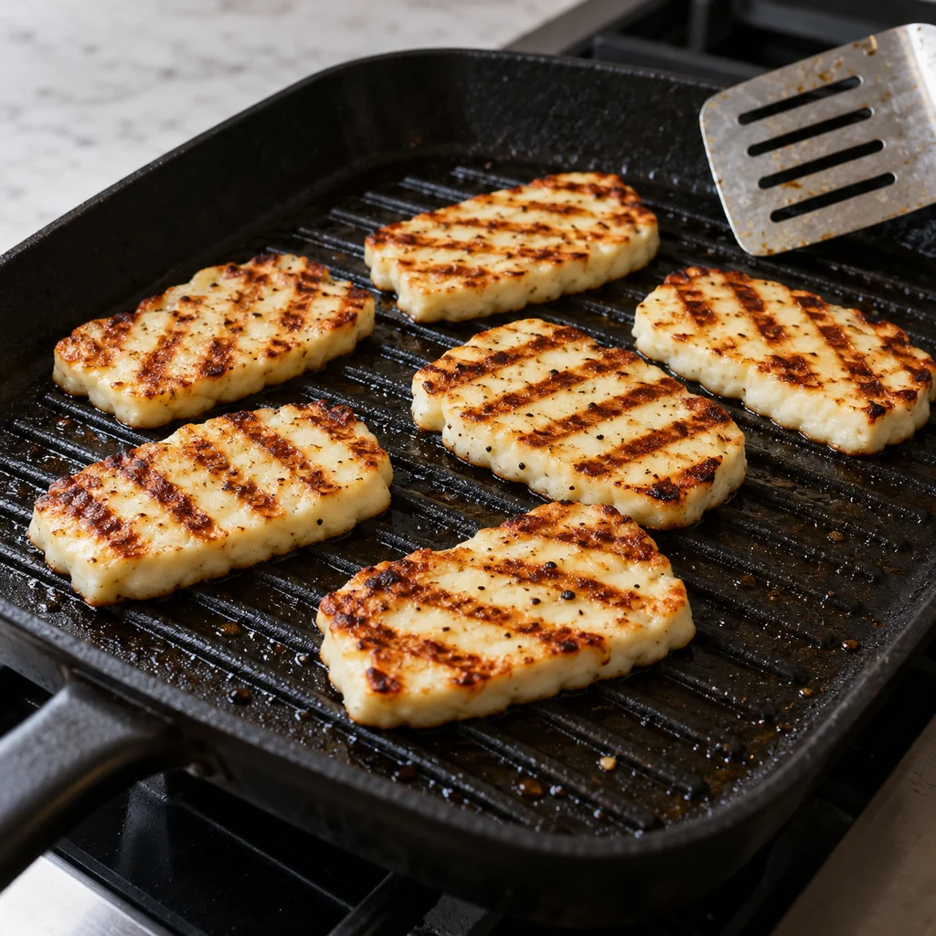 Halloumi slices developing golden grill marks in a ridged pan