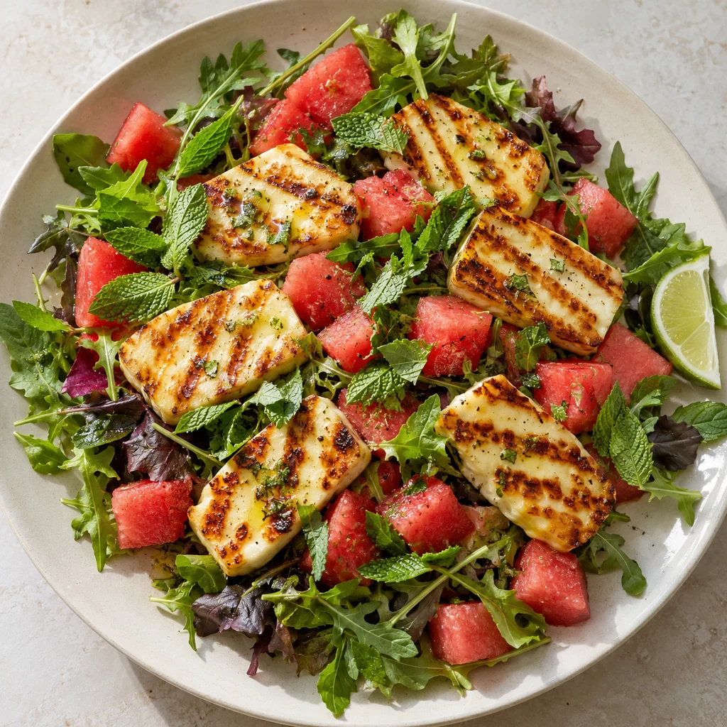Finished watermelon and mixed greens salad topped with grilled halloumi, mint and lime
